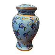 SOULURNS Blue Floral Hand-Painted Cloisonné Cremation Urn for Human Ashes – Elegant Forget-Me-Not Flower Memorial Urn with Gold Trim, Large Adult Funeral Urn